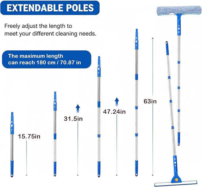 Window Cleaning Kit with 3 Gallon Bucket | 63" Long Handle 14" Window Squeegee & 15" Microfiber Scrubber, Multi‑Purpose Window Washing Tools for Home Car Outdoor Commercial