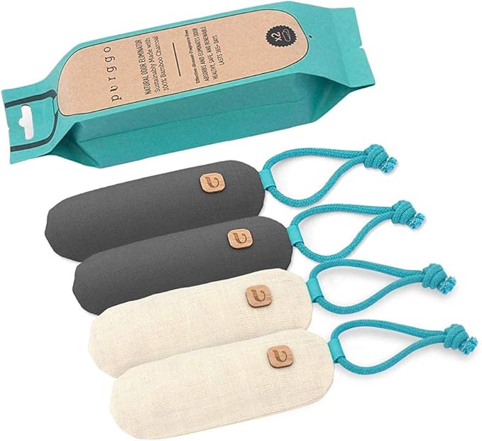 PURGGO Bamboo Charcoal Shoe Deodorizer Air Purifying Bag Bundle [2 Gray + 2 Beige] - Natural Odor Eliminator - Last 365+ Days - No Chemicals - Air Freshener for Shoes, Closet, Gym Bag, Fridge and Car