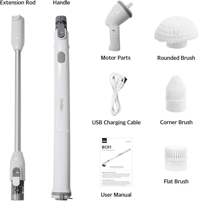 ABKO Electric Spin Scrubber Cordless Lightweight Cleaning Replaceable Brush Head Adjustable Extension Rod for Tile Bathtub Floor Bathroom Kitchen BC01