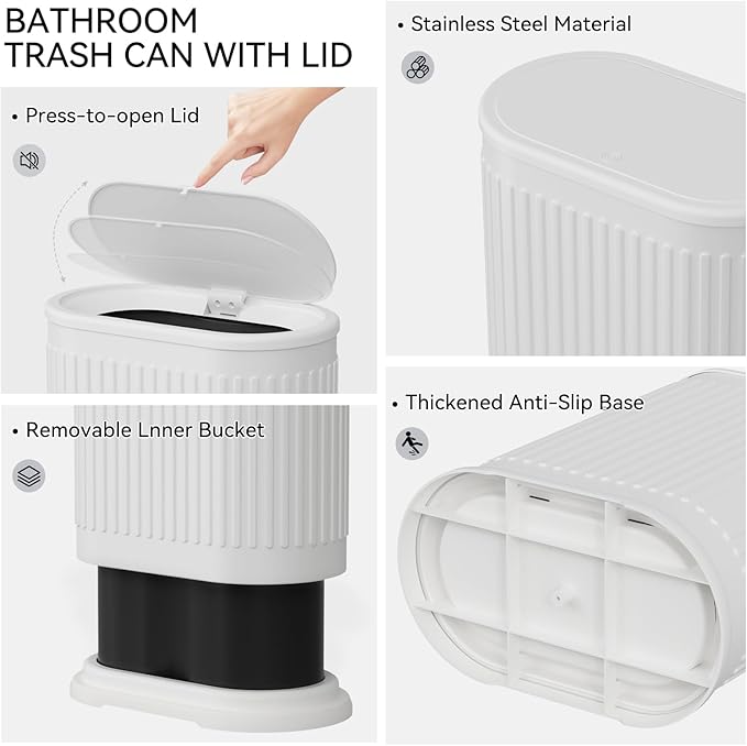 Small Bathroom Trash Can with Toilet Brush, 1.6 Gallon Black Stainless Steel Garbage Can with Lid,Slim Wastebasket with Shower Caddy for Bathroom Bedroom