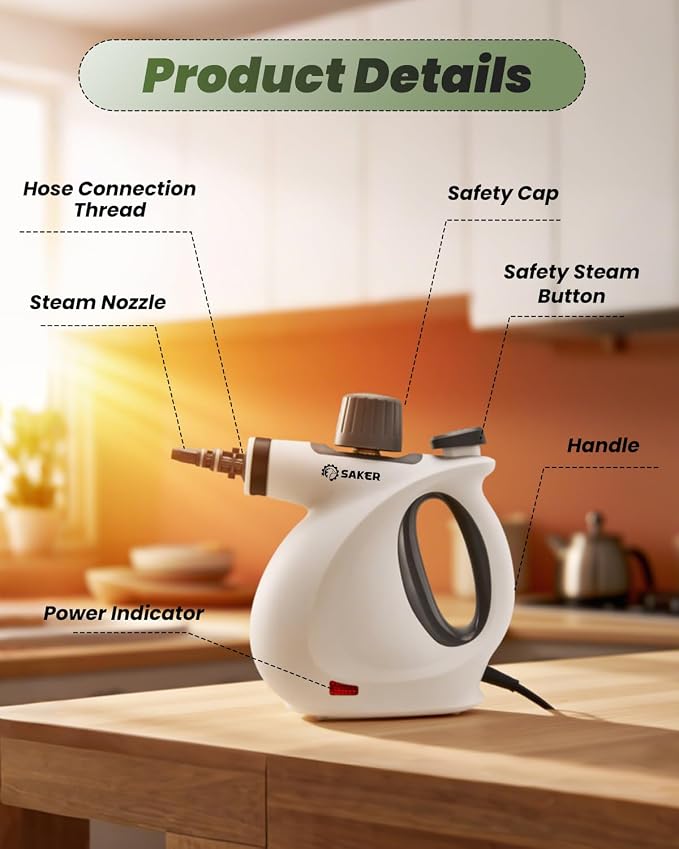 Saker Handheld Steam Cleaner Upgraded,Portable Steam Cleaner for Home,1050W Steam Cleaner,Quick Heating & Deep Cleaning of Floors, Cars, and Kitchen(with 5 Fiber Cloths)