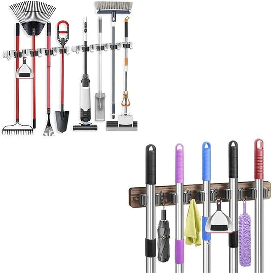 IMILLET 2 PACK Stainless Steel Mop and Broom Holder and 1 PACK Wooden Broom Holder