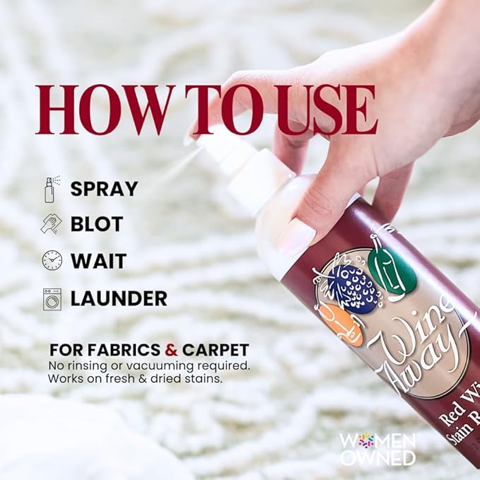 Wine Away Red Wine Stain Remover - Perfect Fabric, Upholstery and Carpet Cleaner Spray Solution - Effectively Removes Blood, Coffee, and Pet Stains - Fresh Citrus Scent - 12oz (Set of 4 bottles)