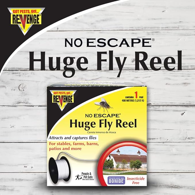Revenge No Escape Huge Fly Reel Sticky Tape Trap, 1,312' Indoor Outdoor Hanging Disposable Fly Strip, Non-Toxic People and Pet Safe