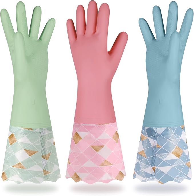 Household Cleaning Gloves 3 Pairs Reusable Dishwashing Gloves Latex Free, Non-Slip Kitchen Glove with Cotton Lined, Waterproof Dish Washing Gloves
