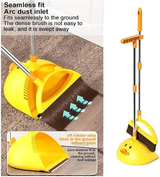 Cute Duck Cleaning Broom and Dustpan Set with Long Handle Stand Up Broom and Dustpan for Home Kitchen Room Office, Outdoor Indoor (Pink)