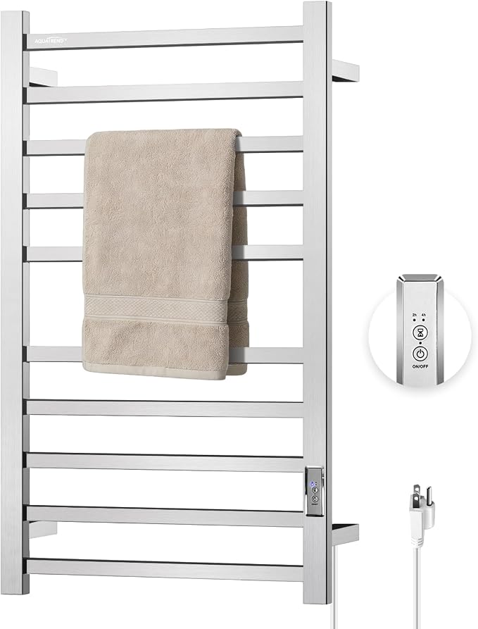 Towel Warmers for Bathroom, Heated Towel Rack Wall Mounted, 10 Bars Large Electric Hot Towel Rack with Built-in Timer, Plug-in, Fast Heating, Brushed Nickel