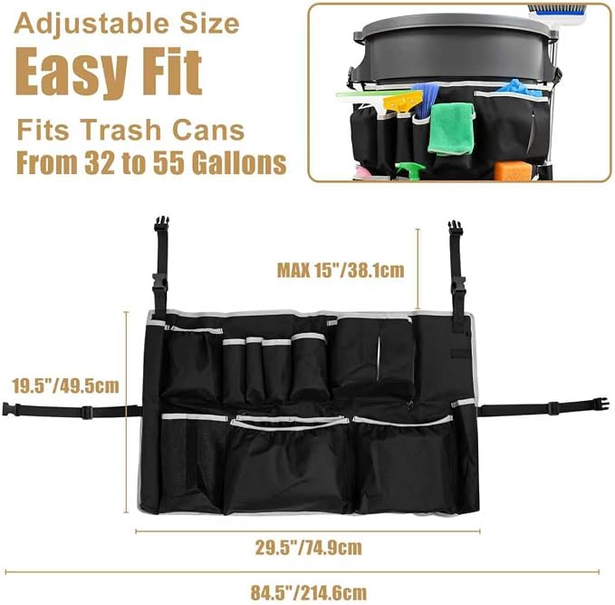 Trash Can Caddy Bag, Upgraded Large Cleaning Caddy, fits for 32-55 Gallon Garbage Bin, Multi-Pocket Garbage Bin Caddy Organizer for House Cleaners & Janitorial Duties, Gray Edge