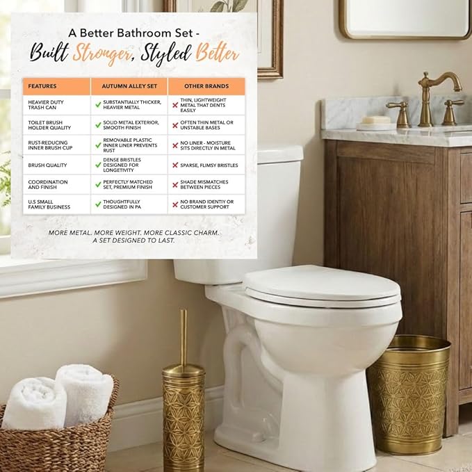 Autumn Alley Toilet Brush and Holder Set with Brushed Brass Bathroom Trash Can – Brass Bathroom Accessories Garbage Can Set for Rustic and Modern Bathroom Décor