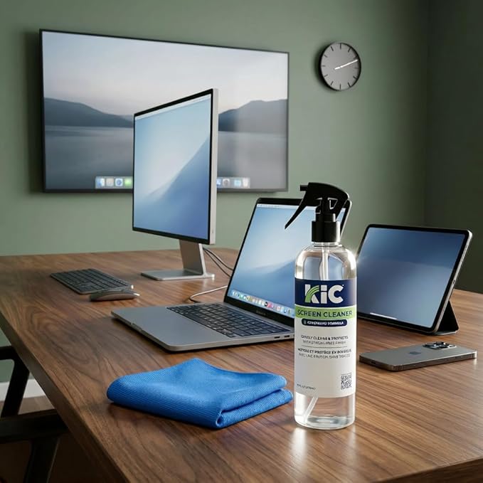 KIC CrystalVu Screen Cleaner Spray Kit with Microfiber Cleaning Cloth – Streak-Free for TV, Phone, Laptop, Monitor & Tablet – NSF Certified Safe Formula – 1 Reusable Microfiber Towel - 16oz