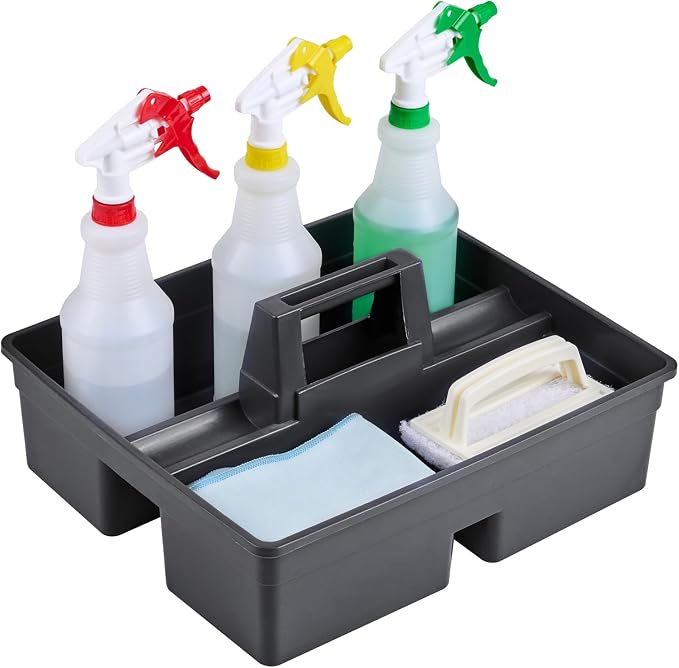 Restaurantware-RW Clean 15.2 x 13.2 x 6.7 Inch Cleaning Caddy, 1 Triple Compartment Cleaning Supply Caddy - With Handle, Crack-Resistant, Black Plastic Cleaning Basket, For Cleaning Supplies,