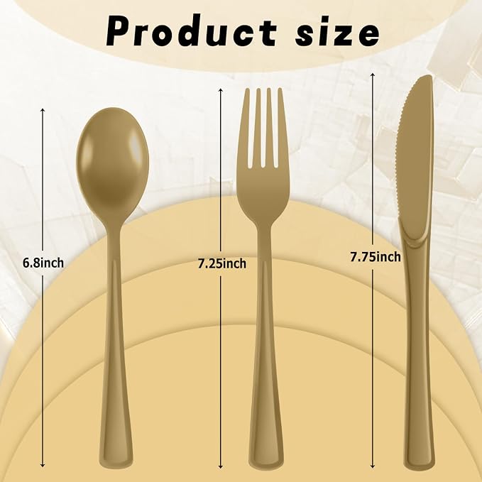 Plastic Silverware 150 PCS Disposable Silverware Heavy Duty Utensil Sets 50 Of Each Forks Knives & Spoons Disposable Cutlery Set For Easter,Birthday,Baby Shower,Garden Party,Wedding(150,Gold)