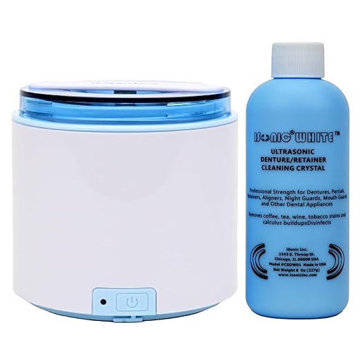 iSonic Portable Ultrasonic Cleaner + Cleaning Crystal Powder Mix Bundle for Dentures, Aligners, & Retainers – Deep Cleaning System for Stains, Odors & Buildup Removal