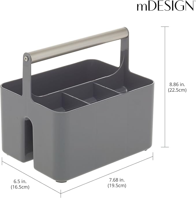 mDesign Plastic Shower Caddy Storage Organizer Utility Tote, Divided Basket Bin - Metal Handle for Bathroom, Dorm, Kitchen, Holds Soap, Shampoo, Conditioner - Aura Collection - Charcoal Gray/Satin