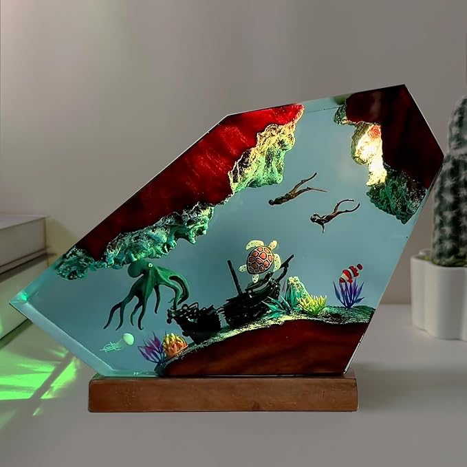 Handcrafted Octopus Resin Lamp, RGB Ocean Night Light with Wooden Base,Ocean Decor for Home Office, Scuba Diving Gifts for Him & Her, Unique Birthday & Valentine's Day Gifts (L 10"X6")