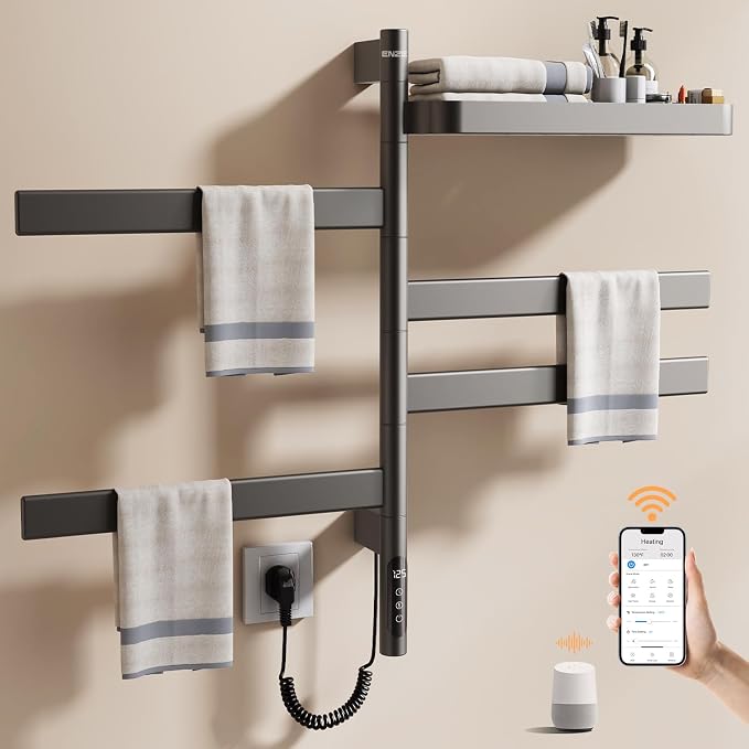 ENZE Smart Rotating Heated Towel Rack for Bathroom, 4-Bar Wall-Mounted Electric Towel Warmer with Swivel Shelf, Wi-Fi App Control, 24H Timer, Stainless Steel, IPX5, Hardwired/Plug-in, Gray