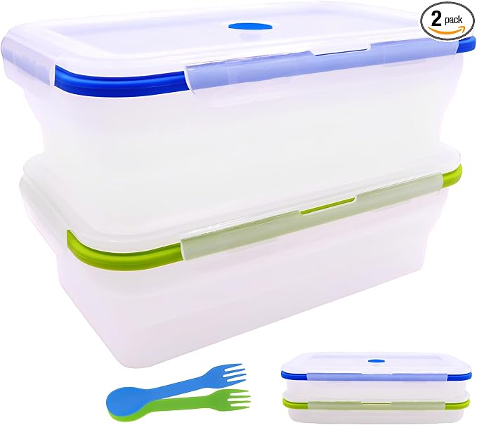 Extra Large Collapsible Translucent Silicone Food Storage Containers With Lids, 82.8oz, 2 Pack, XXL Foldable Bento Lunch Box, Reusable Big Meal Boxes for Kitchen, Camping, BPA Free