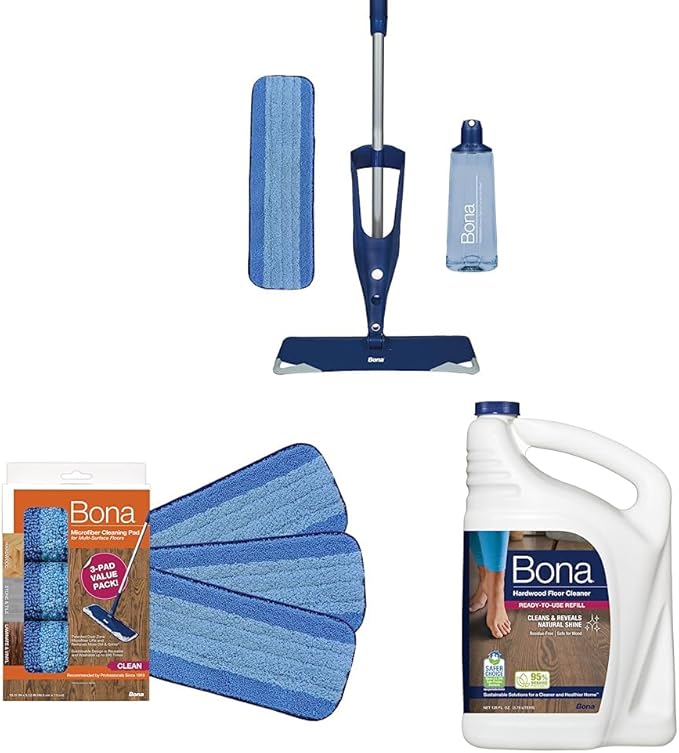 Bona Hardwood Floor Premium Spray Mop - Includes Wood Floor Cleaning Solution & Bona Microfiber Cleaning Pad for Hardwood & Hard Surface Floors & Bona Hardwood Floor Cleaner Refill - 128 fl oz