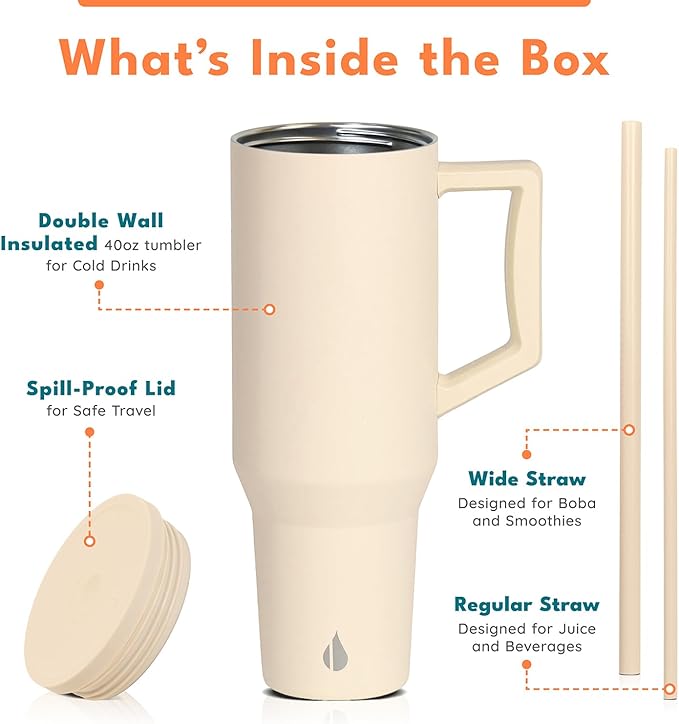 Elemental 40 oz Tumbler with Handle and Straw - Spill Proof Insulated Stainless Steel Commuter for Cold Beverages - Travel Coffee Mug with 2 Straws & Spill Proof Lid - 40oz - Beige