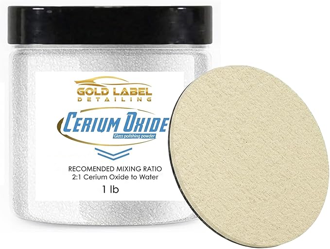 Optical Grade Cerium Oxide 1lb Glass Repair Powder | Glass Window and Windshield Repair | Optical Grade, for use with Camera, Scope, Binocular Lens | Remove Scratches and Scuffs (1lb with 3" Pad)