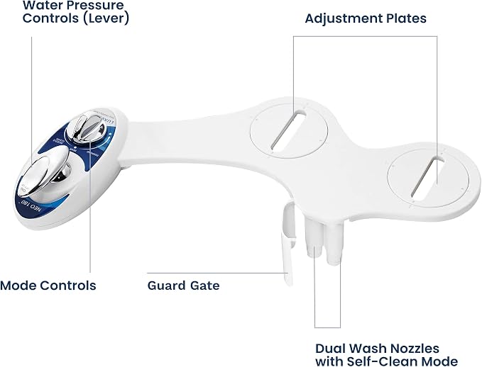 LUXE Bidet NEO 180 - Dual Nozzle, Self-Cleaning, Non-Electric Bidet Attachment for Toilet Seat, Adjustable Water Pressure, Rear & Feminine Wash, with Lever Control (Blue)