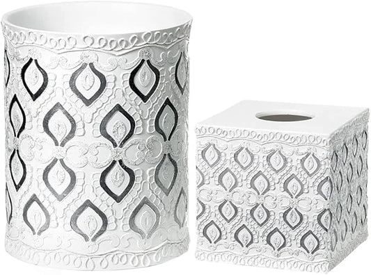 Zahari Home 2pc Monaco Modern Bath Accessories Set Waste Basket & Tissue Box Cover Modern Classic Contemporary Decorative Beautiful Designs Bathroom Decor Set for Home Luxury Bath Set