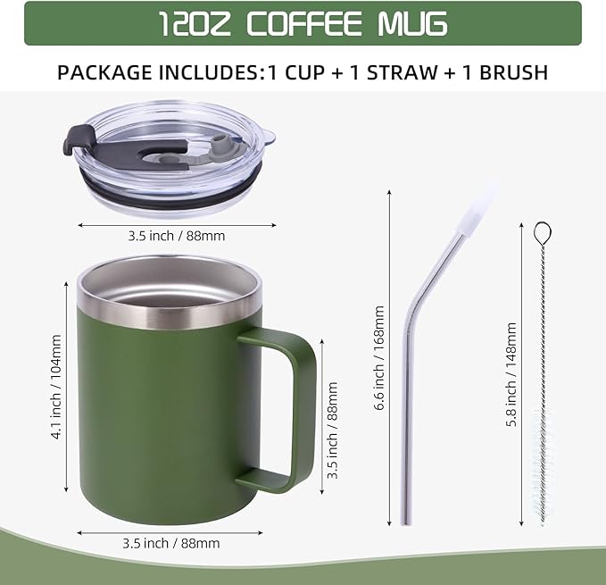 Volhoply 12oz Insulated Leakproof Coffee Mug with Flip&Straw Lid Bulk 2 Pack,Double Wall Vacuum Stainless Steel Travel Tumbler Cup with Handle,Reusable Camping Mugs Keep Cold/Hot(Army Green,2 Set)