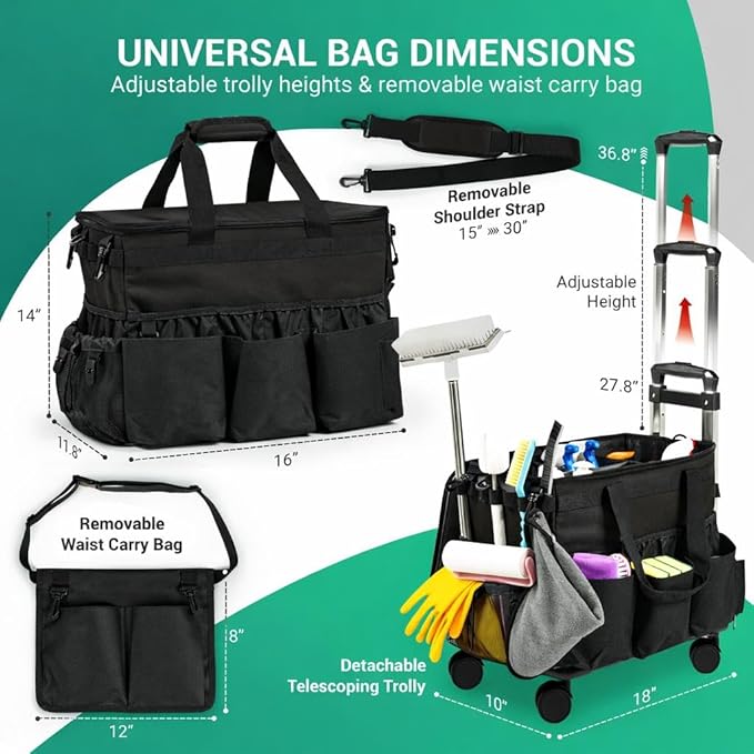 Large Rolling Cleaning Caddy Bag w/Detachable Trolley & Lid - Portable Cleaning Cart on Wheels w/Shoulder Strap & Waist Pouch - Cleaning Supplies & Tool Organizer for Home, Office, Car (Black)