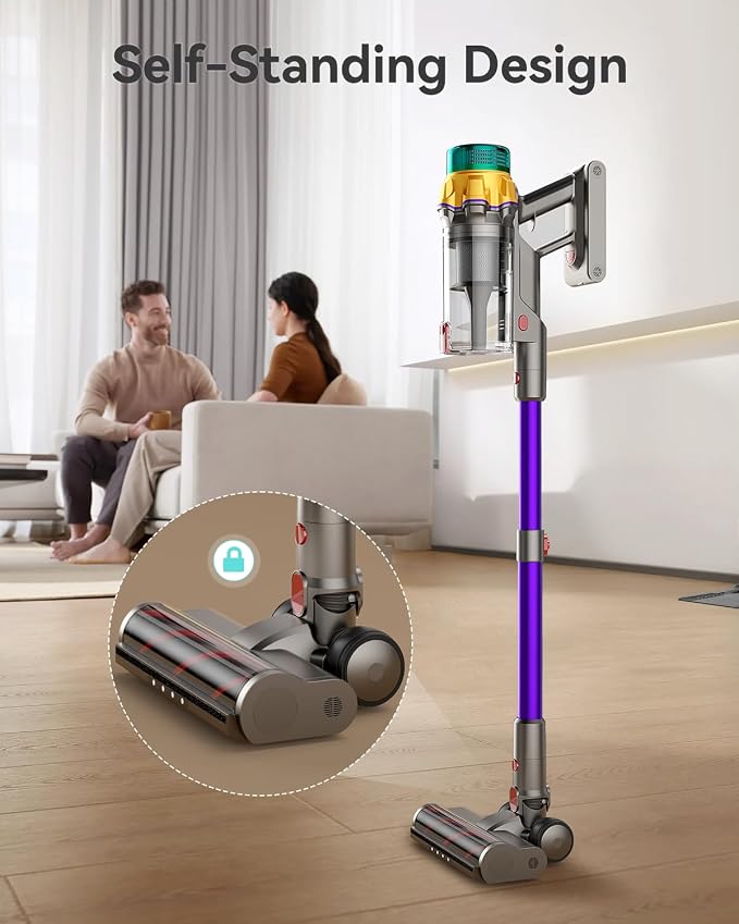Cordless Vacuum Cleaner, 50kPa, 65 Minutes XL, Vacuum Cleaner with Tangle Brush, LED Display, Freestanding, Cordless Vacuum Cleaner for Parquet, Carpet, Pet Hair, Purple