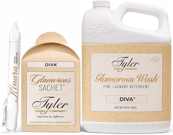 Tyler Glamorous Wash Diva Fine Laundry Detergent with a Kinara Stain Remover Pen and Dryer Sachets - Liquid Detergent Designed for Clothing - Hand and Machine Washable (32 Oz)