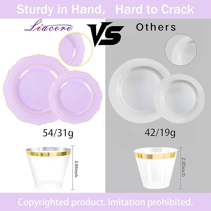 Liacere 350PCS Purple Plastic Plates - Disposable Lavender Plates 50guest Plastic Dinnerware include 100Light purple Plates,50Pack Pre Rolled Napkins Silverware 50Cups for Wedding & Party