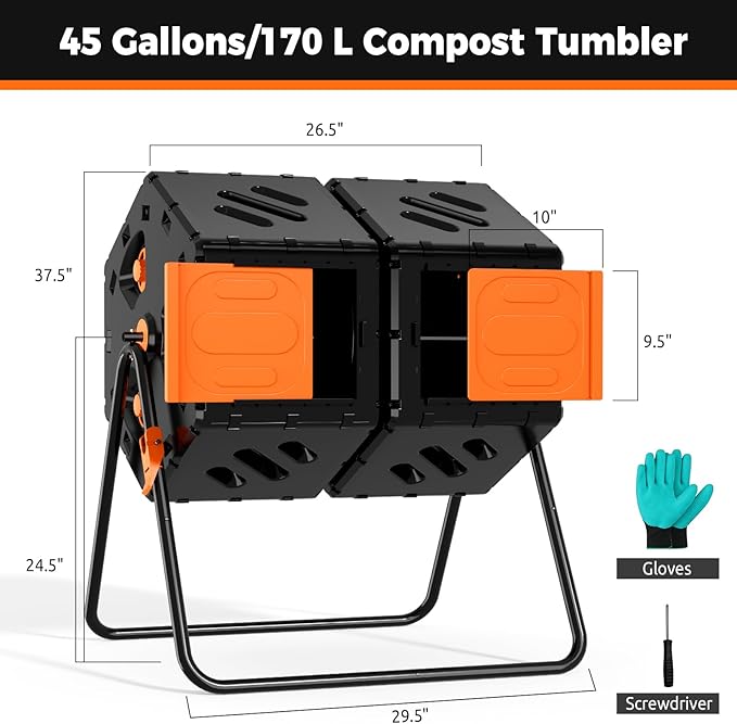 45 Gallon (170L) Compost Tumbler Outdoor, Dual Chamber Compost Bin with 360° Rotating Design, Adjustable Vents, Easy Assembly, Large Openings for Kitchen, Garden & Yard Waste