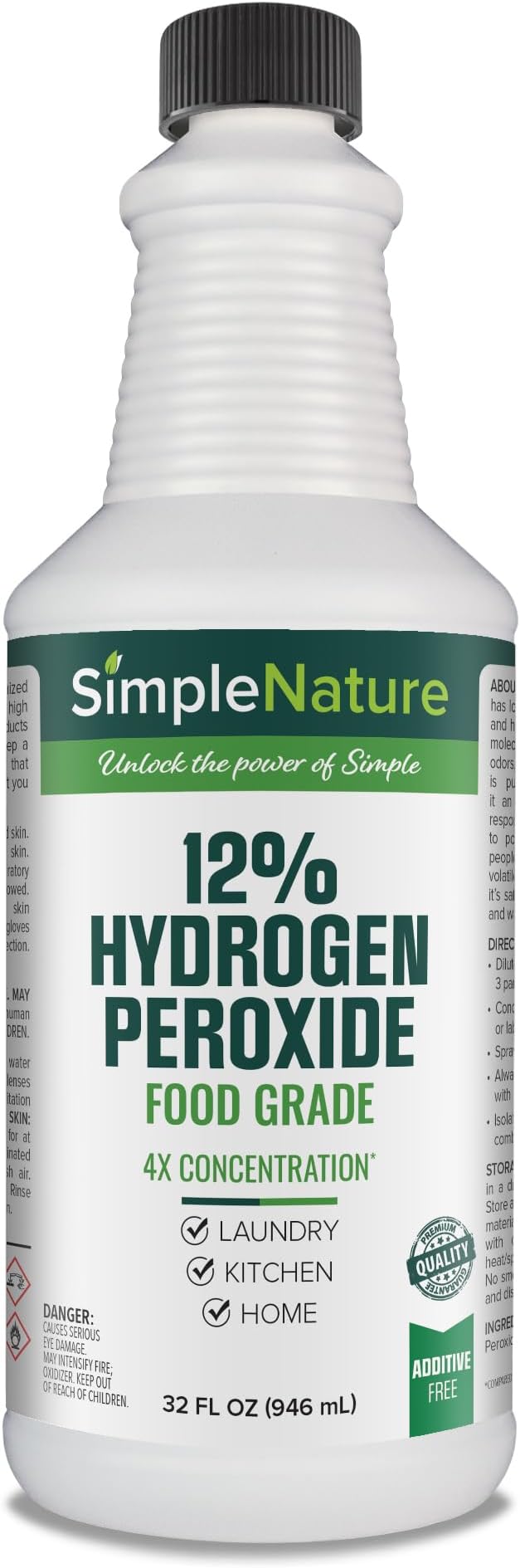 SimpleNature 12% Food Grade Hydrogen Peroxide (32 fl oz) - Natural Multipurpose Cleaner - Made in USA - Ideal for Commercial, Residential, Kitchen, Bath, Laundry, and More