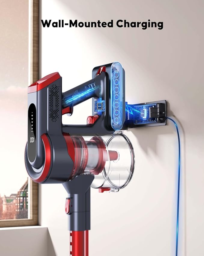 WLUPEL Cordless Vacuum Cleaner, 450W 38Kpa Powerful Stick Vacuum with 55min Detachable Battery, Vacuum Cleaners with Touch Display, Red, H8S Pro