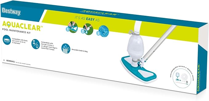 Bestway Flowclear AquaClean 110 Inch Pool Vacuum for 20 Feet Above Ground Pools with Removable Debris Bag, Suction Nozzle, Skimmer Head, and Adapters