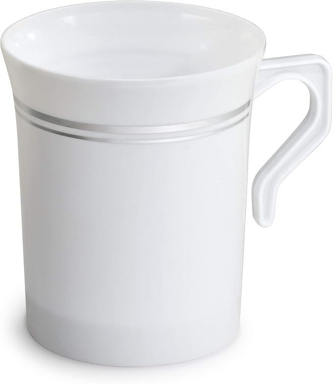 OCCASIONS 40 Pack Disposable Tea Cups 8oz with Handles, Fancy Plastic Coffee Mugs for Wedding Party Bridal Shower, Heavy Duty BPA-Free Hot & Cold, China-Like Look (White Silver Rim)