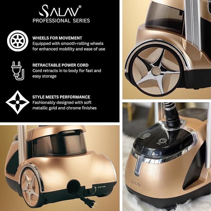 SALAV® Professional Standing Garment Steamer with Retractable Power Cord, Foot Pedal Control, Wheels for Easier Movement (Gold)