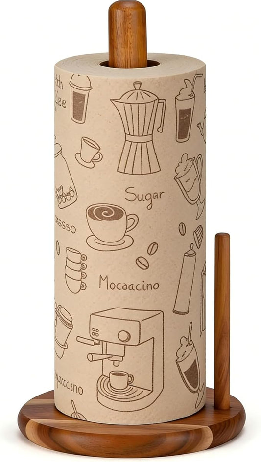 Paper Towel Holder Countertop, Acacia Wood Kitchen Roll Holder with Anti-Slip Weighted Base, Paper Towel Stand for Kitchen Bathroom Dining Table Organize