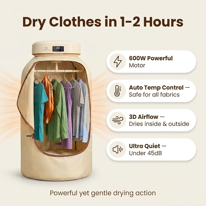 Portable Clothes Dryer for Travel – Compact Foldable Electric Drying Machine with Dry Bag & Timer – Fast-Drying for Apartments, RV, Dorm – Clothes, Underwear, Socks – Quiet & Energy Efficient