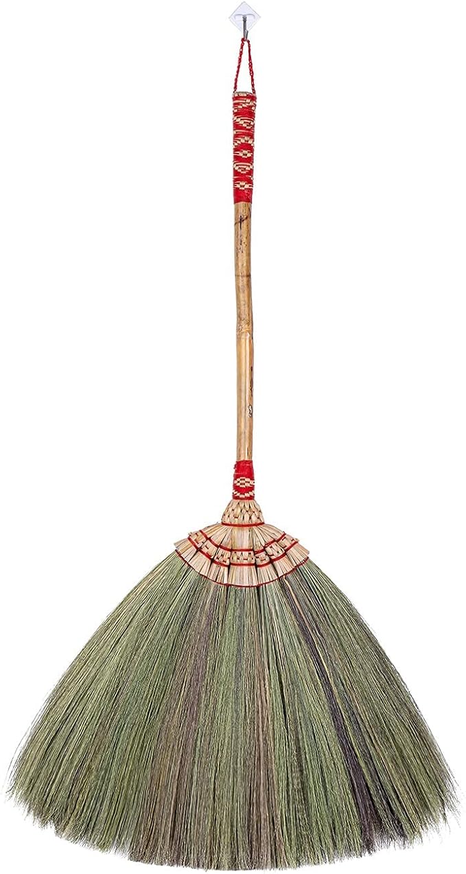 29 inch Tall of Natural Grass Broom 100% Handmade with a Bamboo Stick Embroidery Woven Nylon Top and Bottom Handle Red or Green Color on Random for Indoor and Outdoor Use