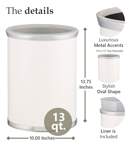 Kraftware Sophisticates Oval Wastebasket with Plastic Liner, Adding Classic Style to The Bathroom and All Other Rooms in The Home or Office, 13 Quart Capacity, 2 Piece Set, White with Brushed Chrome