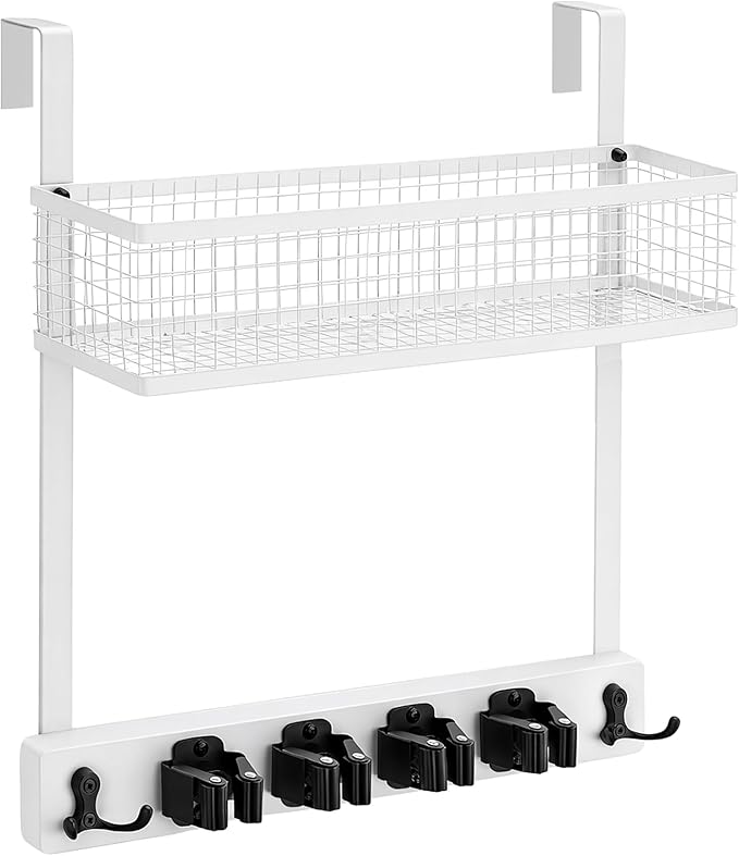 Lorbro Over the Door Broom Holder with Cleaning Supply Organizer, Wooden Mop and Broom Holder Wall Mount, 4 Grips, 4 Hooks, No-Drill Storage Rack, Mop Hanger for Laundry Room, Garage, Storage