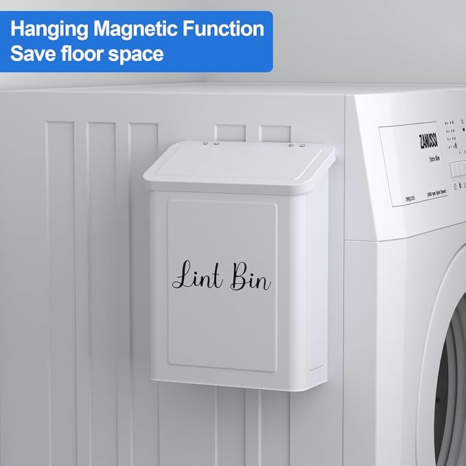 Magnetic Lint Bin for Laundry Room, Wall Mounted Metal Lint Box Holder Trash Can with Lid for Dryer, Lint Basket for Laundry Room Organization, White