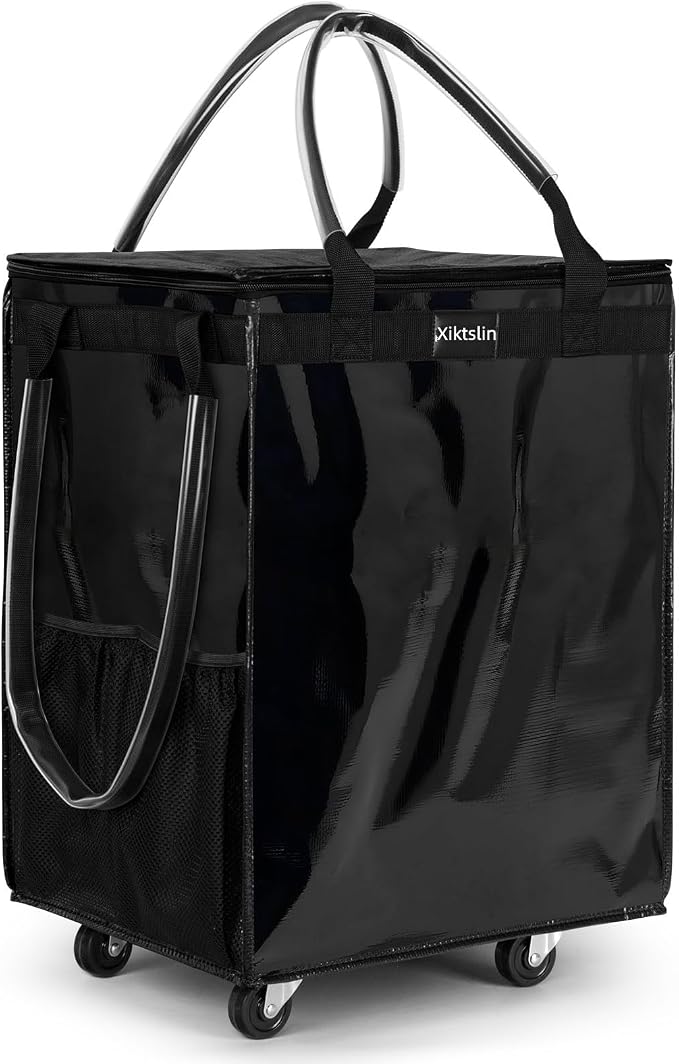 Medium, Black Reusable Grocery Bags on 4 Wheels, 70L Foldable Rolling Tote, Shopping Trolley, Rolling Tote Bag for Groceries, Wide Zipper Shopping Cart with Wheels for Laundry,Market,Storage
