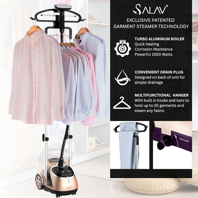 SALAV® Professional Standing Garment Steamer with Retractable Power Cord, Foot Pedal Control, Wheels for Easier Movement (Gold)
