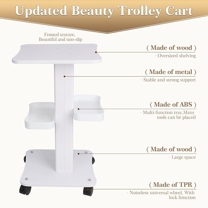 Upgrade Esthetician Beauty Trolley Cart with Wheels and 2 Trays, 4 Tier Beauty Rolling Cart, Spa Salon, Beauty Machine Trolley, Load 135lbs, 26.7 x 13.8 x 15 inch