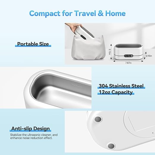 Ultrasonic Jewelry Cleaner - 48KHz Ultrasonic Cleaner Machine for Jewelry, Eyeglasses, Rings, Necklaces, Watch Strap, Makeup Brush, Dual Cleaning Modes-Brilliant White