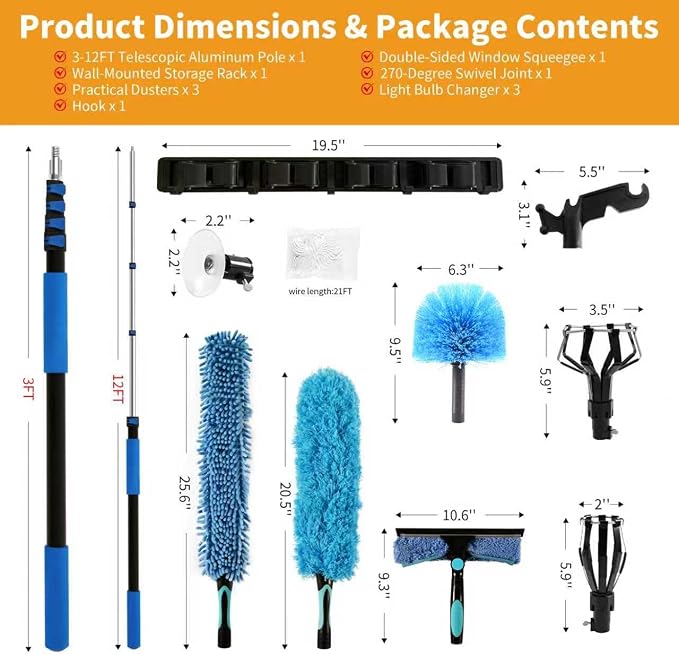 Duster with Extension Pole (20 FT Reach), Light Bulb Changer for High Ceilings & 3-12FT Extension Pole Duster Cleaning Kit, Fan Duster/Cobweb Duster/Window Washing Kit for High Window, Interior Roof