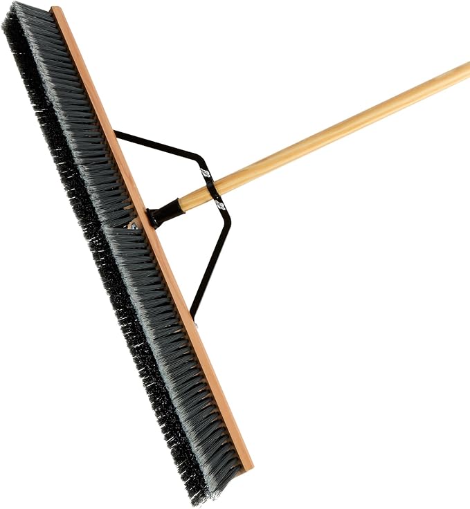 Restaurantware-Clean Tek Professional 36 Inch Push Broom, 1 Heavy-Duty Broom with 60â€ Handle - Medium Plastic Bristles, Durable, Wooden, Commercial Use, for Deck, Driveway, Garage, Yard, Patio