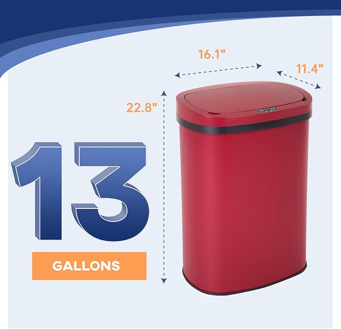 Furniture of America Verbena 13 Gallon Metal Household Trash Can with Motion Sensor Lid for Kitchen, Red